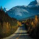 banff, nature, fall, road, highway, autumn, mountain, canada, jasper, alberta, evening, sky, trees